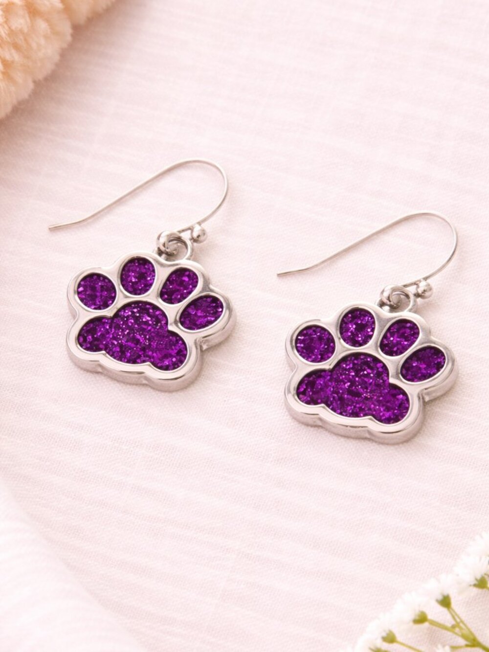 Purple Glitter Paw Print Dangle Earrings Pet Lover Jewelry